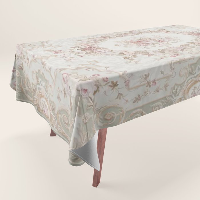 Antique French Aubusson Rose Sage Floral Tablecloth Gallery Image 1
