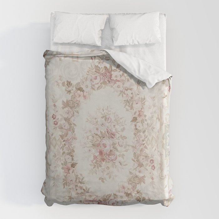 Antique French Aubusson Rose Sage Floral Duvet Cover Gallery Image 6