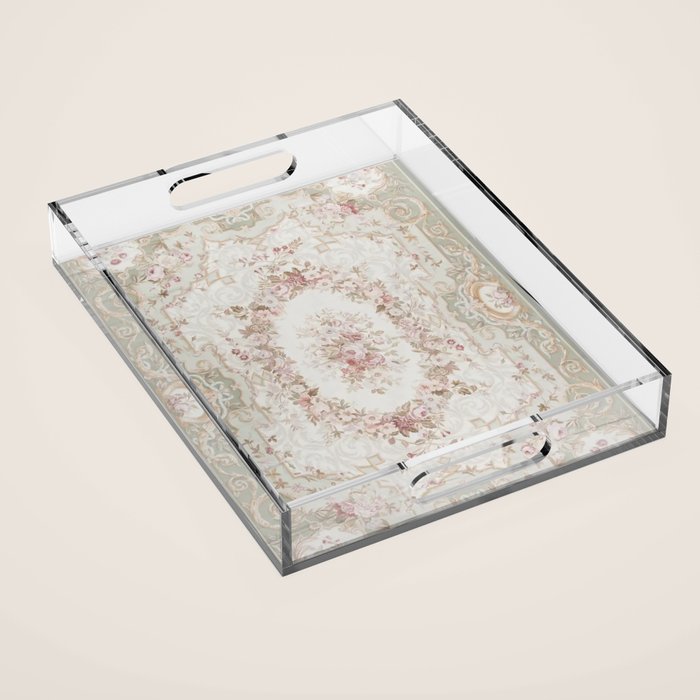 Antique French Aubusson Rose Sage Floral Acrylic Tray Gallery Image 1