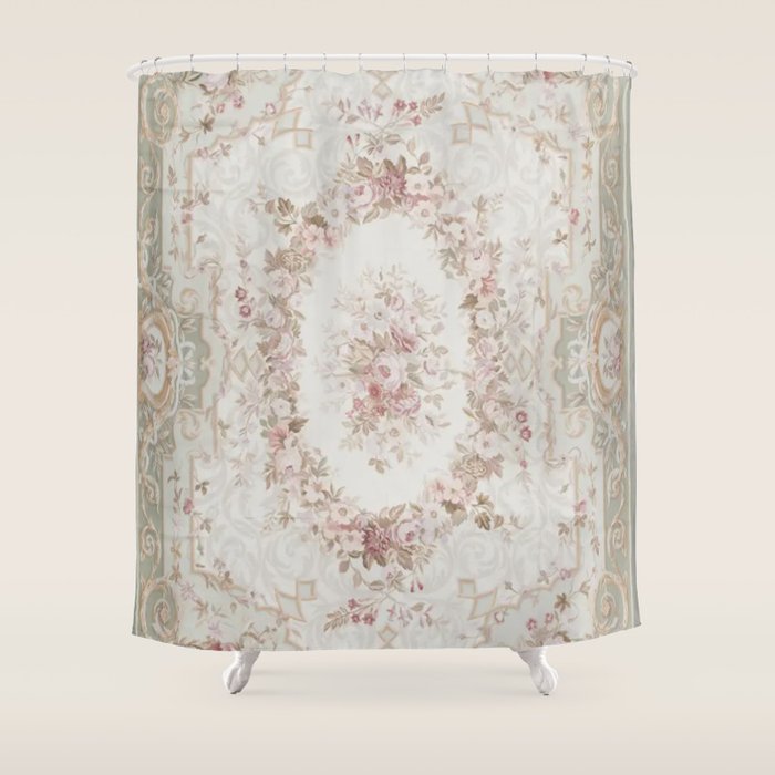 Antique French Aubusson Rose Sage Floral Shower Curtain Gallery Image 1