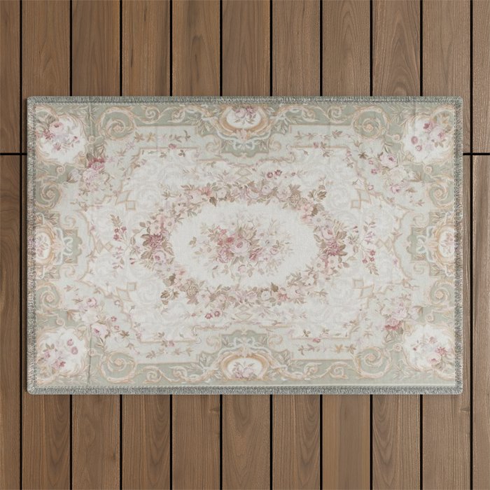 Antique French Aubusson Rose Sage Floral Outdoor Rug Gallery Image 1