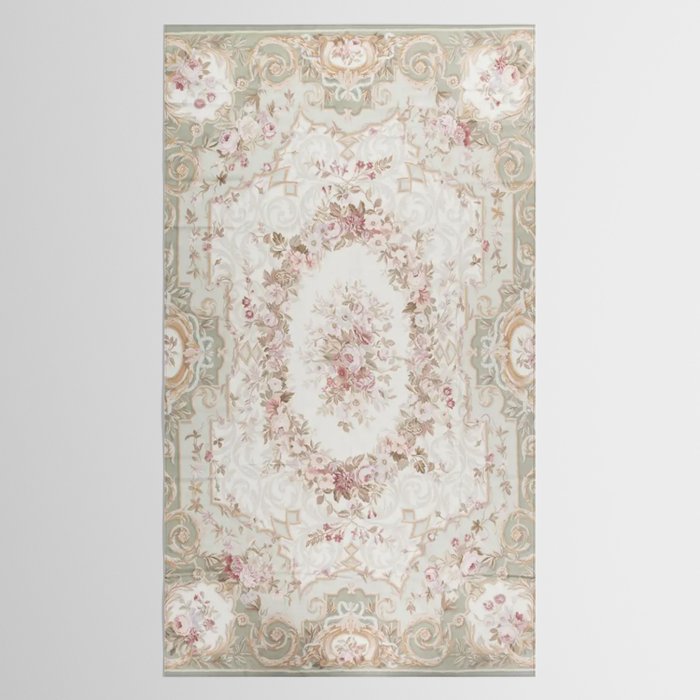 Antique French Aubusson Rose Sage Floral Tablecloth Gallery Image 2