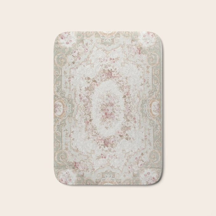 Antique French Aubusson Rose Sage Floral Bath Mat Gallery Image 1
