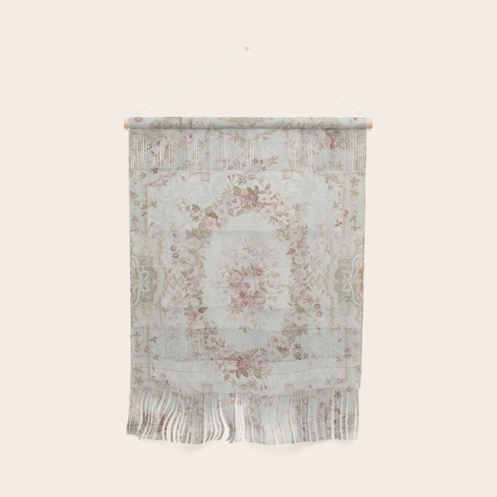 Antique French Aubusson Rose Sage Floral Wall Hanging Gallery Image 1
