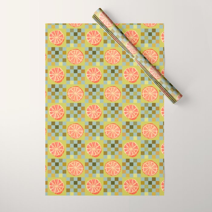 Checkered Citrus Fruit in Sage & Orange Wrapping Paper Gallery Image 1