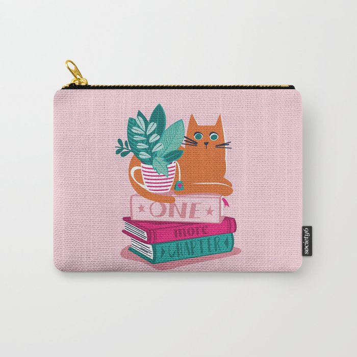 One more chapter // pastel pink background orange tabby cat striped mug with plants fuchsia pink and green books  Carry All Pouch Gallery Image 1