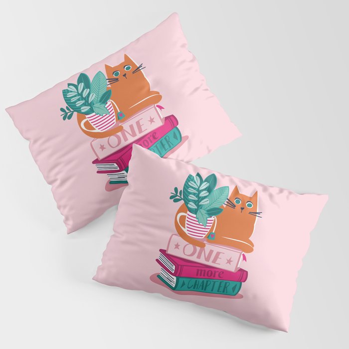 One more chapter // pastel pink background orange tabby cat striped mug with plants fuchsia pink and green books  Pillow Sham Gallery Image 1