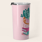 One more chapter // pastel pink background orange tabby cat striped mug with plants fuchsia pink and green books  Travel Mug Gallery Image 3