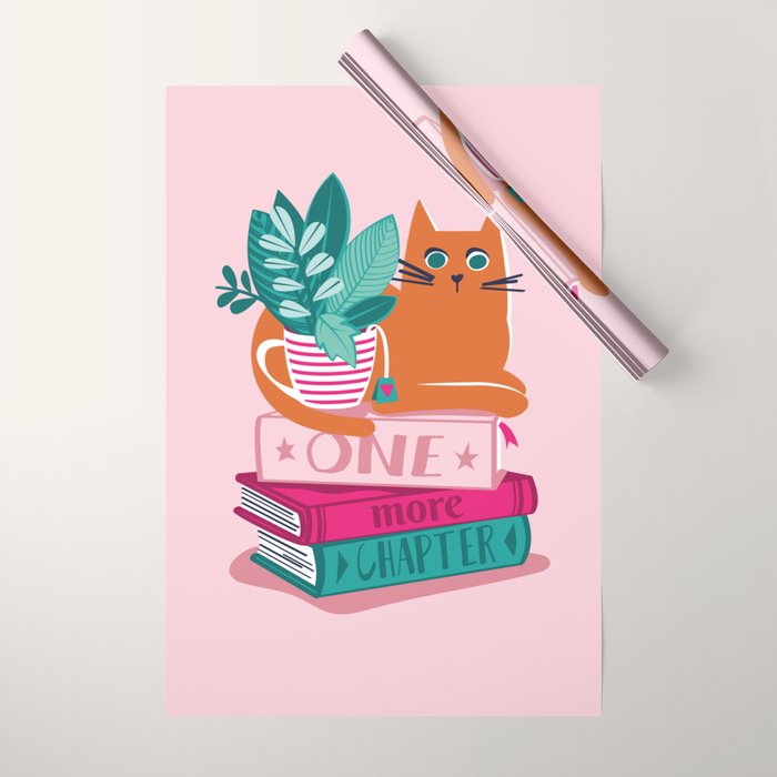 One more chapter // pastel pink background orange tabby cat striped mug with plants fuchsia pink and green books  Wrapping Paper Gallery Image 1
