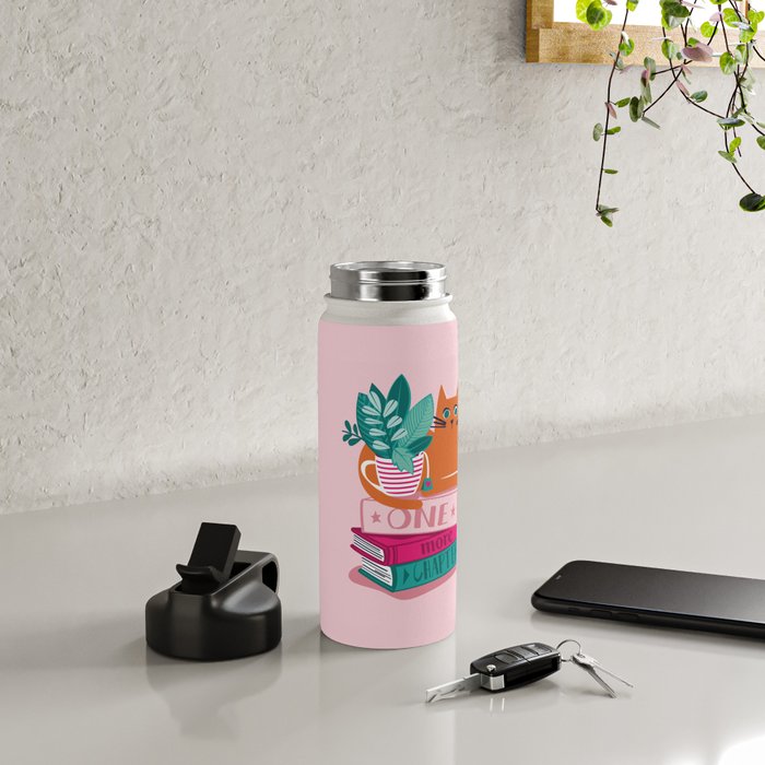 One more chapter // pastel pink background orange tabby cat striped mug with plants fuchsia pink and green books  Water Bottle Gallery Image 4