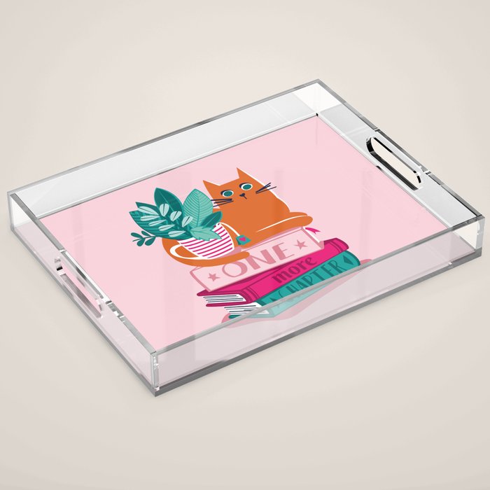 One more chapter // pastel pink background orange tabby cat striped mug with plants fuchsia pink and green books  Acrylic Tray Gallery Image 1