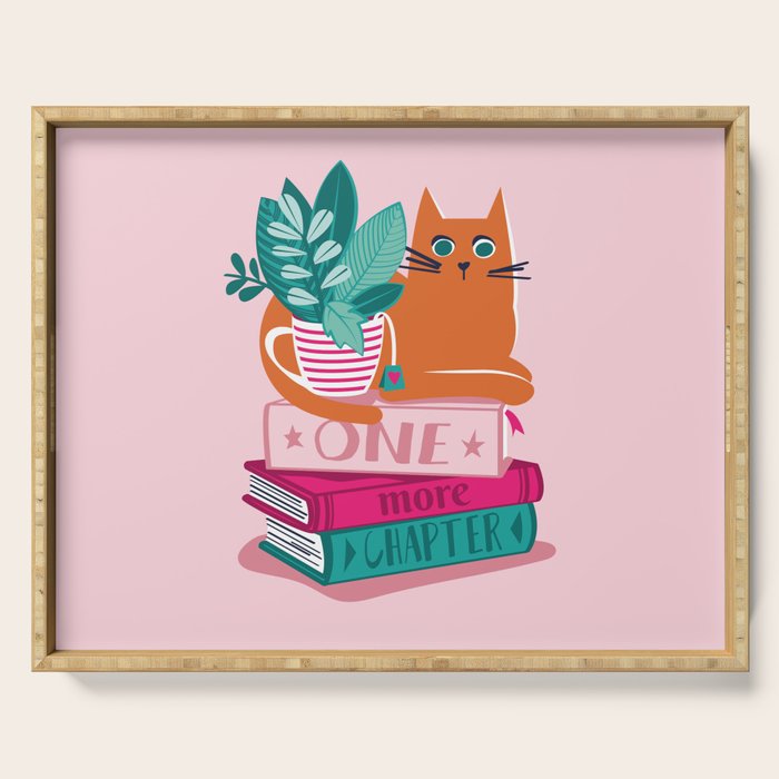 One more chapter // pastel pink background orange tabby cat striped mug with plants fuchsia pink and green books  Serving Tray Gallery Image 1