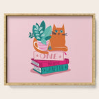 One more chapter // pastel pink background orange tabby cat striped mug with plants fuchsia pink and green books  Serving Tray Gallery Image 1