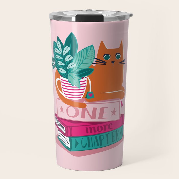 One more chapter // pastel pink background orange tabby cat striped mug with plants fuchsia pink and green books  Travel Mug Gallery Image 1