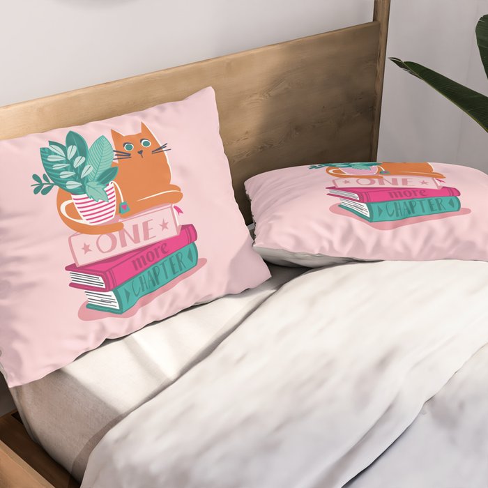 One more chapter // pastel pink background orange tabby cat striped mug with plants fuchsia pink and green books  Pillow Sham Gallery Image 2