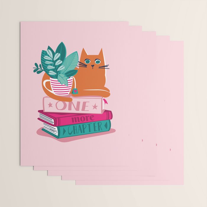 One more chapter // pastel pink background orange tabby cat striped mug with plants fuchsia pink and green books  Wrapping Paper Gallery Image 3