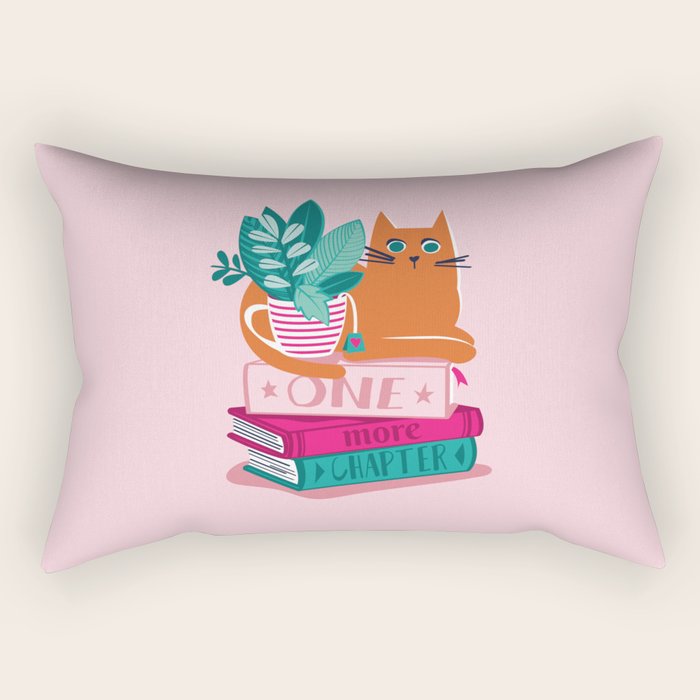 One more chapter // pastel pink background orange tabby cat striped mug with plants fuchsia pink and green books  Rectangular Pillow Gallery Image 2
