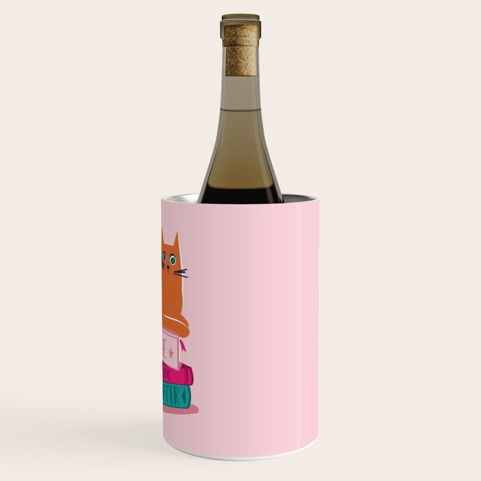 One more chapter // pastel pink background orange tabby cat striped mug with plants fuchsia pink and green books  Wine Chiller Gallery Image 3