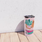 One more chapter // pastel pink background orange tabby cat striped mug with plants fuchsia pink and green books  Travel Mug Gallery Image 4