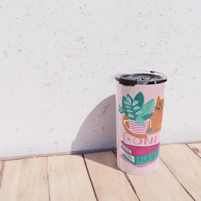 One more chapter // pastel pink background orange tabby cat striped mug with plants fuchsia pink and green books  Travel Mug Gallery Image 4