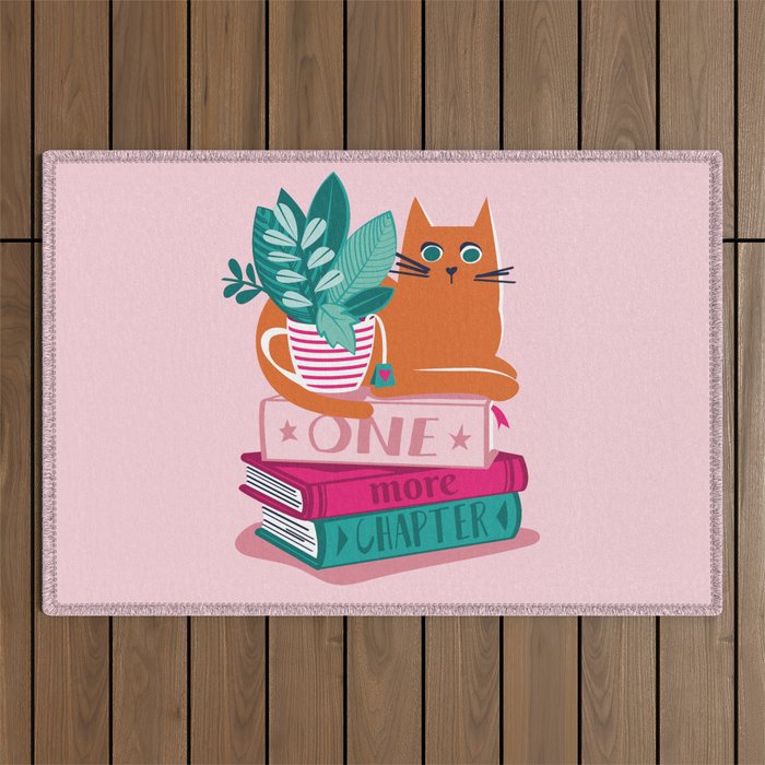 One more chapter // pastel pink background orange tabby cat striped mug with plants fuchsia pink and green books  Outdoor Rug Gallery Image 1