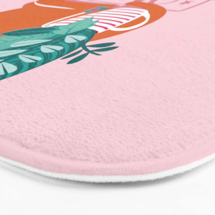One more chapter // pastel pink background orange tabby cat striped mug with plants fuchsia pink and green books  Bath Mat Gallery Image 3