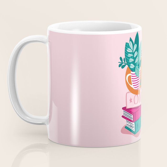 One more chapter // pastel pink background orange tabby cat striped mug with plants fuchsia pink and green books  Coffee Mug Gallery Image 3