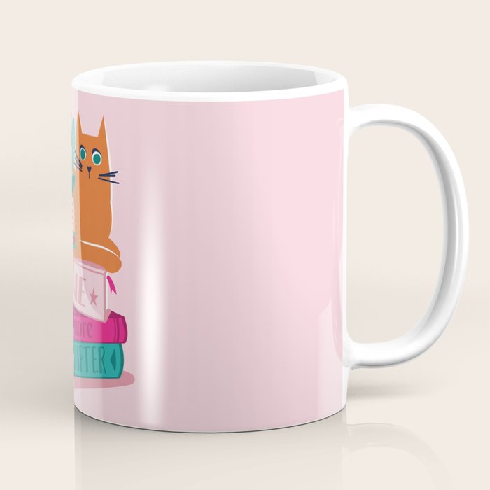 One more chapter // pastel pink background orange tabby cat striped mug with plants fuchsia pink and green books  Coffee Mug Gallery Image 1