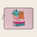 One more chapter // pastel pink background orange tabby cat striped mug with plants fuchsia pink and green books  Laptop Sleeve Gallery Image 1
