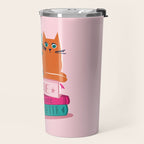 One more chapter // pastel pink background orange tabby cat striped mug with plants fuchsia pink and green books  Travel Mug Gallery Image 2