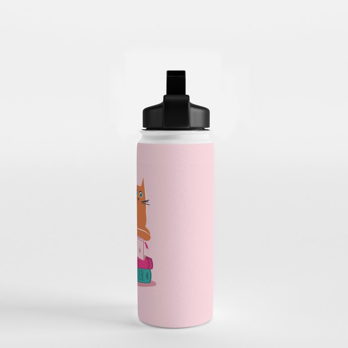 One more chapter // pastel pink background orange tabby cat striped mug with plants fuchsia pink and green books  Water Bottle Gallery Image 2