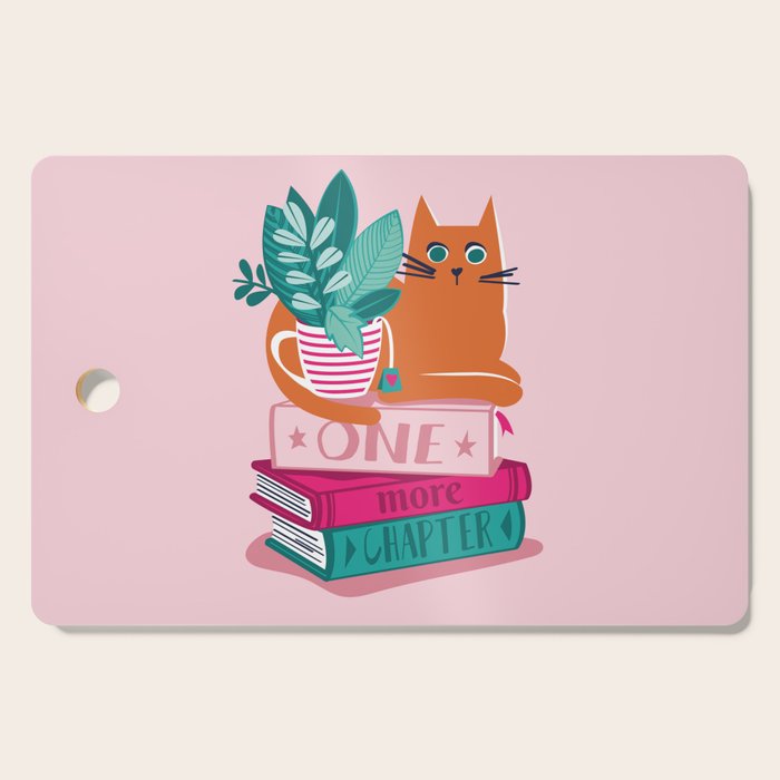 One more chapter // pastel pink background orange tabby cat striped mug with plants fuchsia pink and green books  Cutting Board Gallery Image 1
