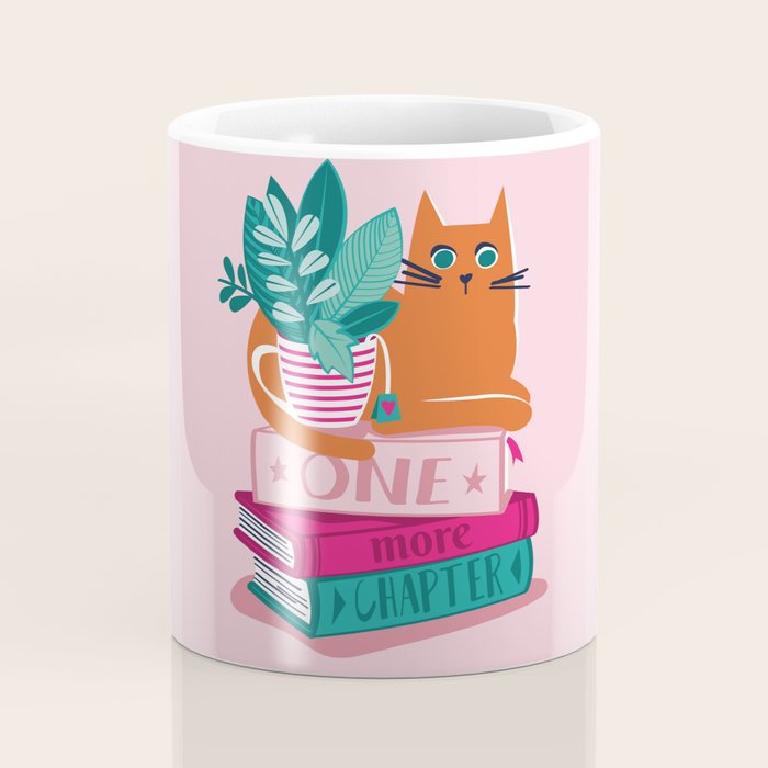 One more chapter // pastel pink background orange tabby cat striped mug with plants fuchsia pink and green books  Coffee Mug Gallery Image 4