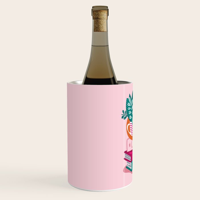 One more chapter // pastel pink background orange tabby cat striped mug with plants fuchsia pink and green books  Wine Chiller Gallery Image 2