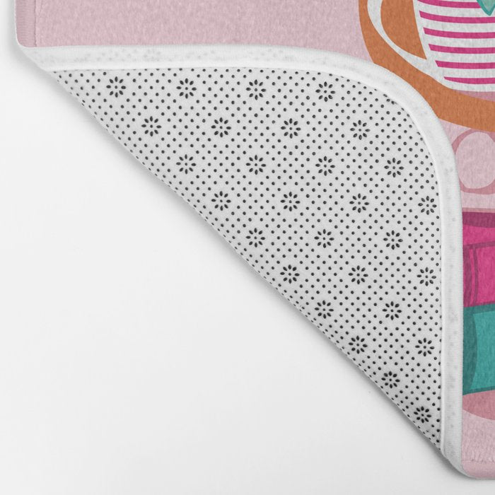 One more chapter // pastel pink background orange tabby cat striped mug with plants fuchsia pink and green books  Bath Mat Gallery Image 2