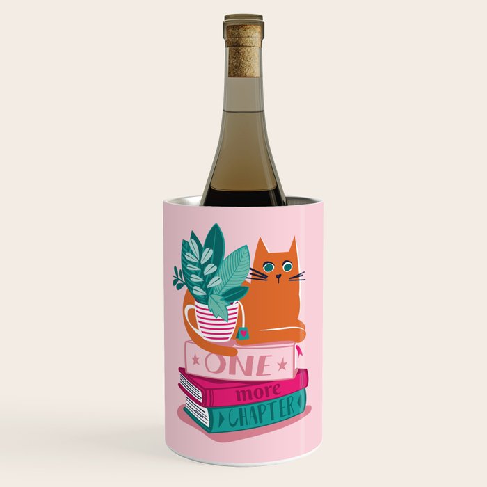 One more chapter // pastel pink background orange tabby cat striped mug with plants fuchsia pink and green books  Wine Chiller Gallery Image 1