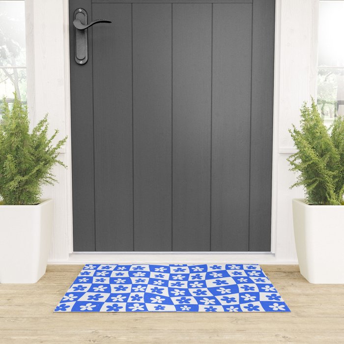 Retro Blue Daisy Checkerboard  Welcome Mat Gallery Image 3