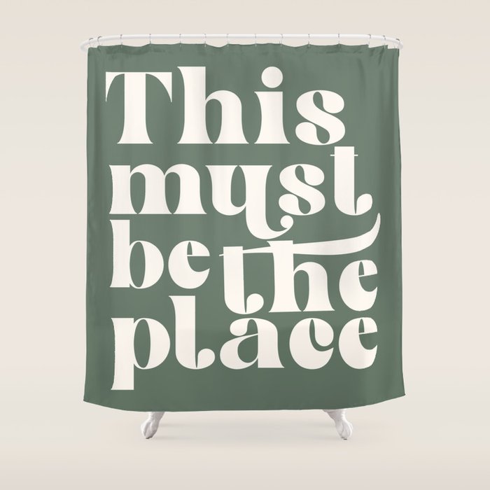 This Must Be The Place, Green and Cream Retro Home Decor Shower Curtain Gallery Image 1
