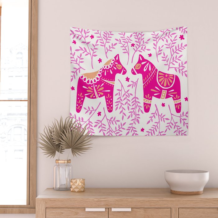 Swedish Dala Horses - Pink Palette Wall Tapestry Gallery Image 2