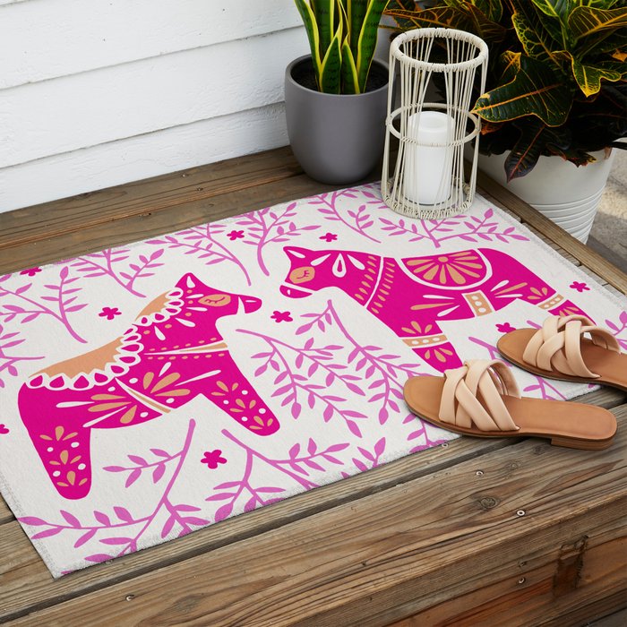 Swedish Dala Horses - Pink Palette Outdoor Rug Gallery Image 2