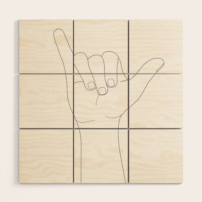 Minimal Line Art Shaka Hand Gesture Wood Wall Art Gallery Image 1