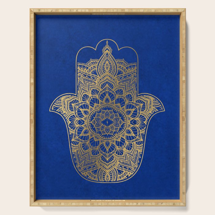 golden hamsa fatma hand and mandala on classic blue Serving Tray Gallery Image 1
