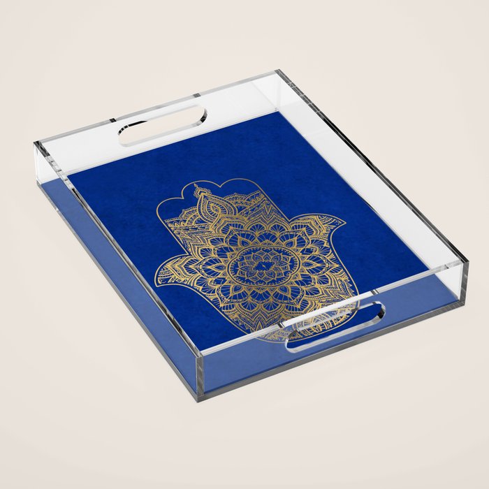 golden hamsa fatma hand and mandala on classic blue Acrylic Tray Gallery Image 1