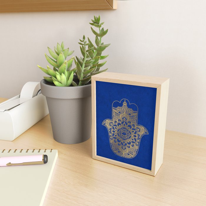 golden hamsa fatma hand and mandala on classic blue Mini Art Print Gallery Image 2