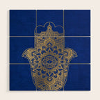 golden hamsa fatma hand and mandala on classic blue Wood Wall Art Gallery Image 1