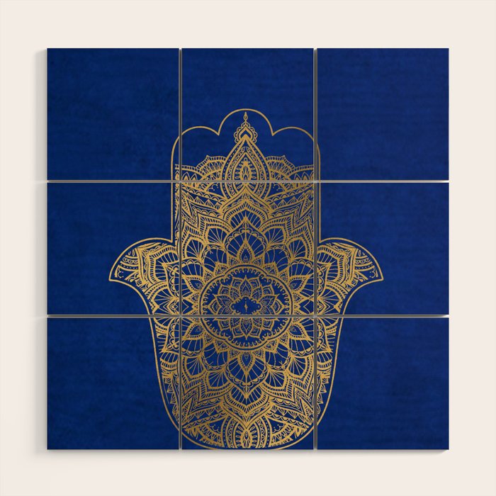 golden hamsa fatma hand and mandala on classic blue Wood Wall Art Gallery Image 1