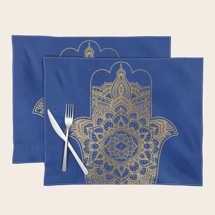 golden hamsa fatma hand and mandala on classic blue Placemat Gallery Image 1