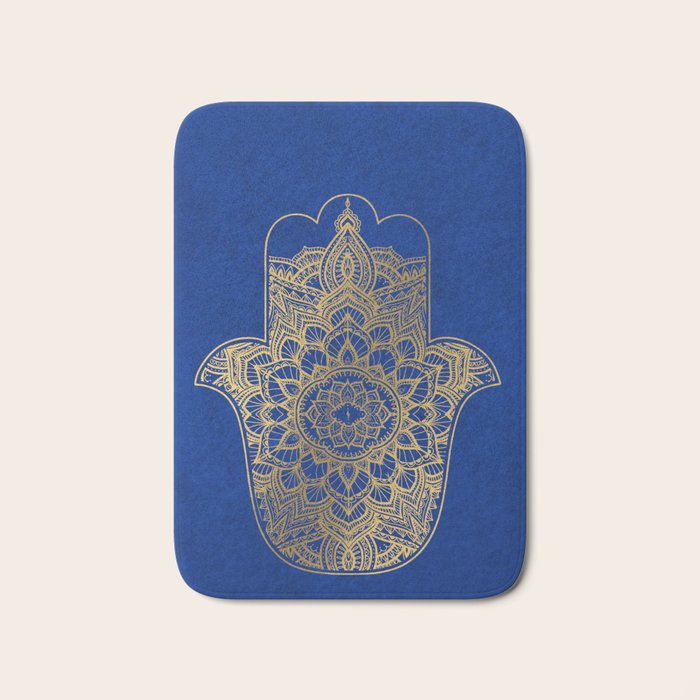 golden hamsa fatma hand and mandala on classic blue Bath Mat Gallery Image 1