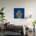 golden hamsa fatma hand and mandala on classic blue Wood Wall Art Gallery Image 2