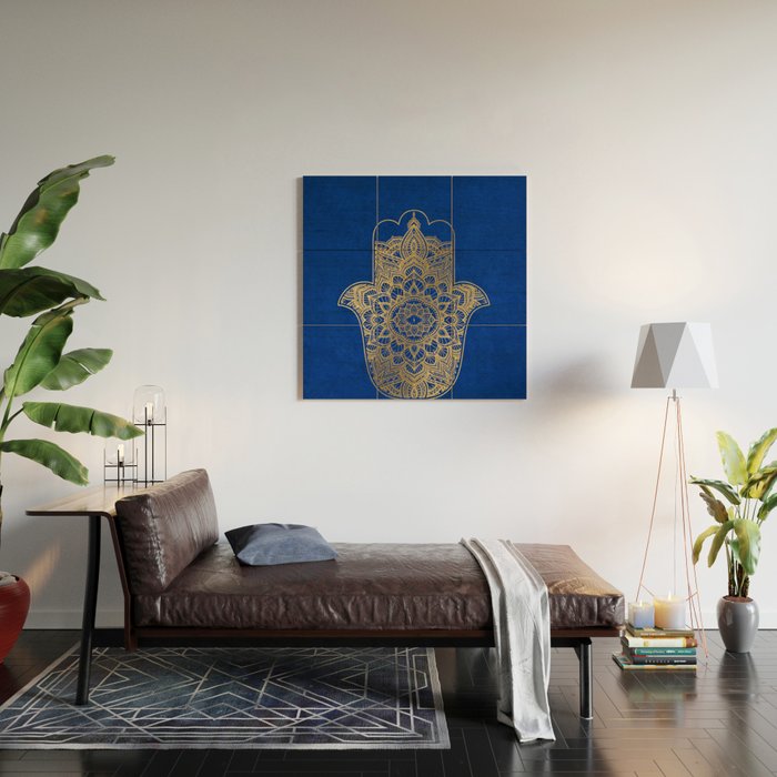 golden hamsa fatma hand and mandala on classic blue Wood Wall Art Gallery Image 2